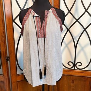 LOFT White and Blue Striped Sleeveless Top with Tassels and Embroidered details